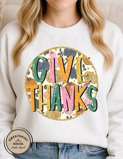 Give Thanks Retro Pumpkin Shirt – Glitter Fall Thanksgiving Tee (Adult Sizes S–2XL)