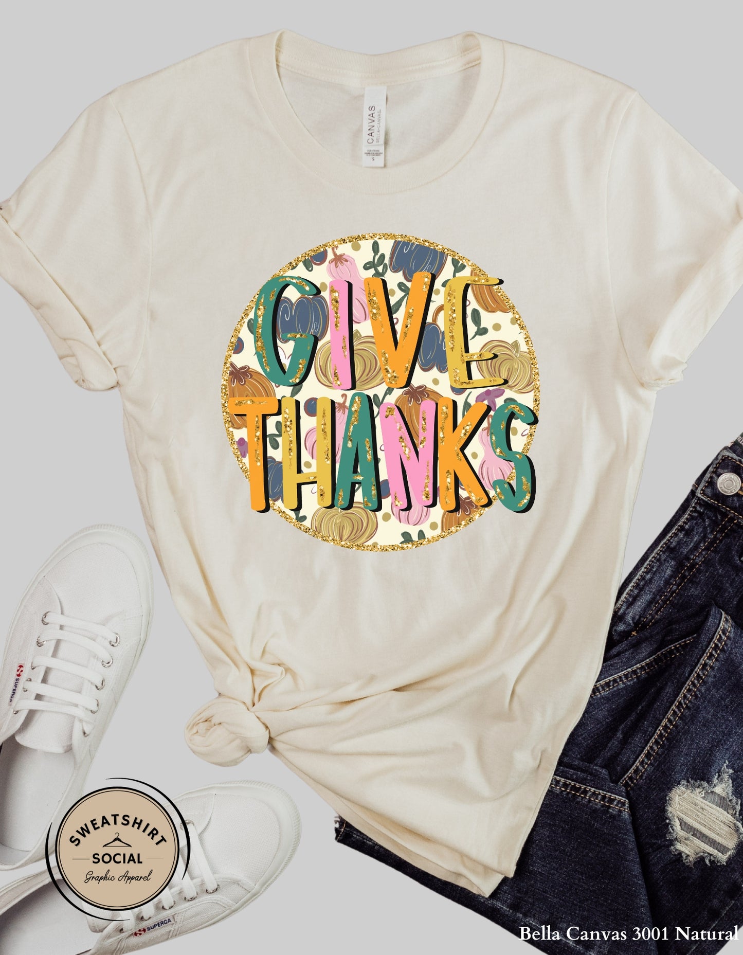 Give Thanks Retro Pumpkin Shirt – Glitter Fall Thanksgiving Tee (Adult Sizes S–2XL)