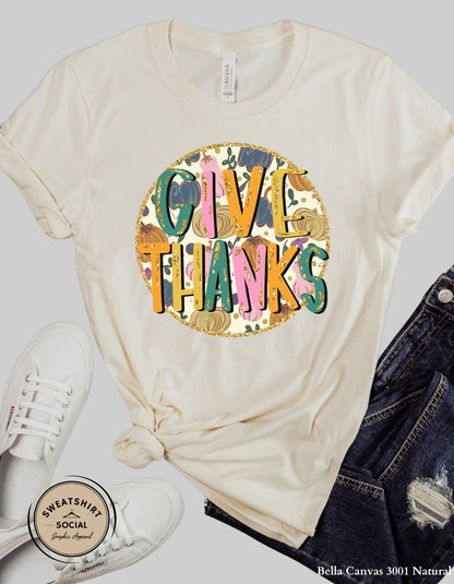 Give Thanks Retro Pumpkin Shirt – Glitter Fall Thanksgiving Tee (Adult Sizes S–2XL)