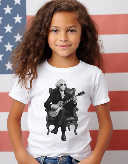 Kids George Washington Guitar Tee – Black & White | Founding Fathers Rock Series Family Matching Shirt