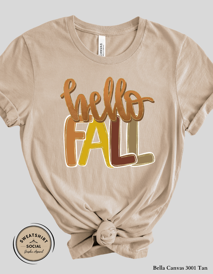 Hello Fall Shirt – Cozy Autumn Colors Graphic Tee (Adult Sizes S–2XL)