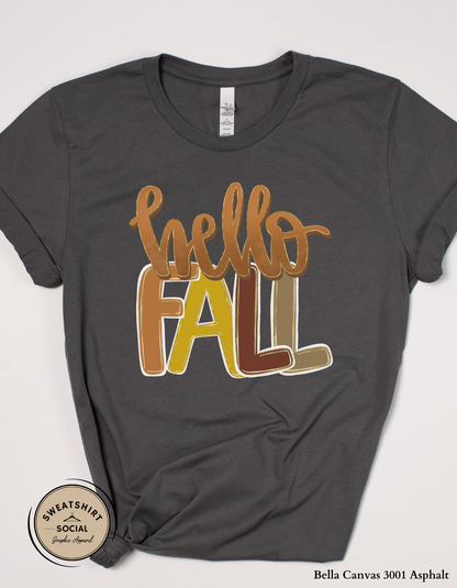Hello Fall Shirt – Cozy Autumn Colors Graphic Tee (Adult Sizes S–2XL)