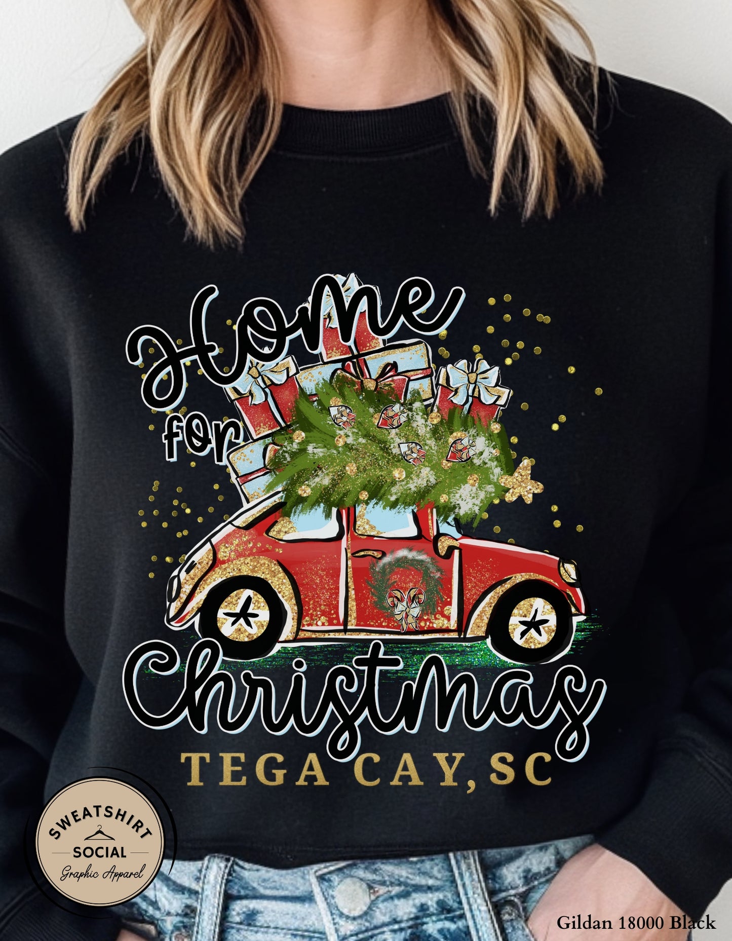 Home for Christmas T-Shirt or Sweatshirt – Tega Cay Holiday Design (Adult Sizes S–2XL)