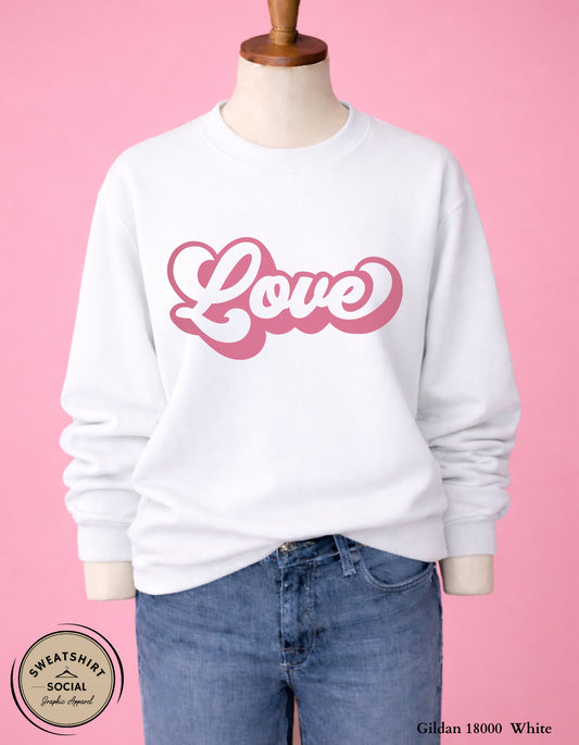 Love Valentine Shirt or Sweatshirt – Pink Retro Script Graphic (Adult Sizes S–2XL)