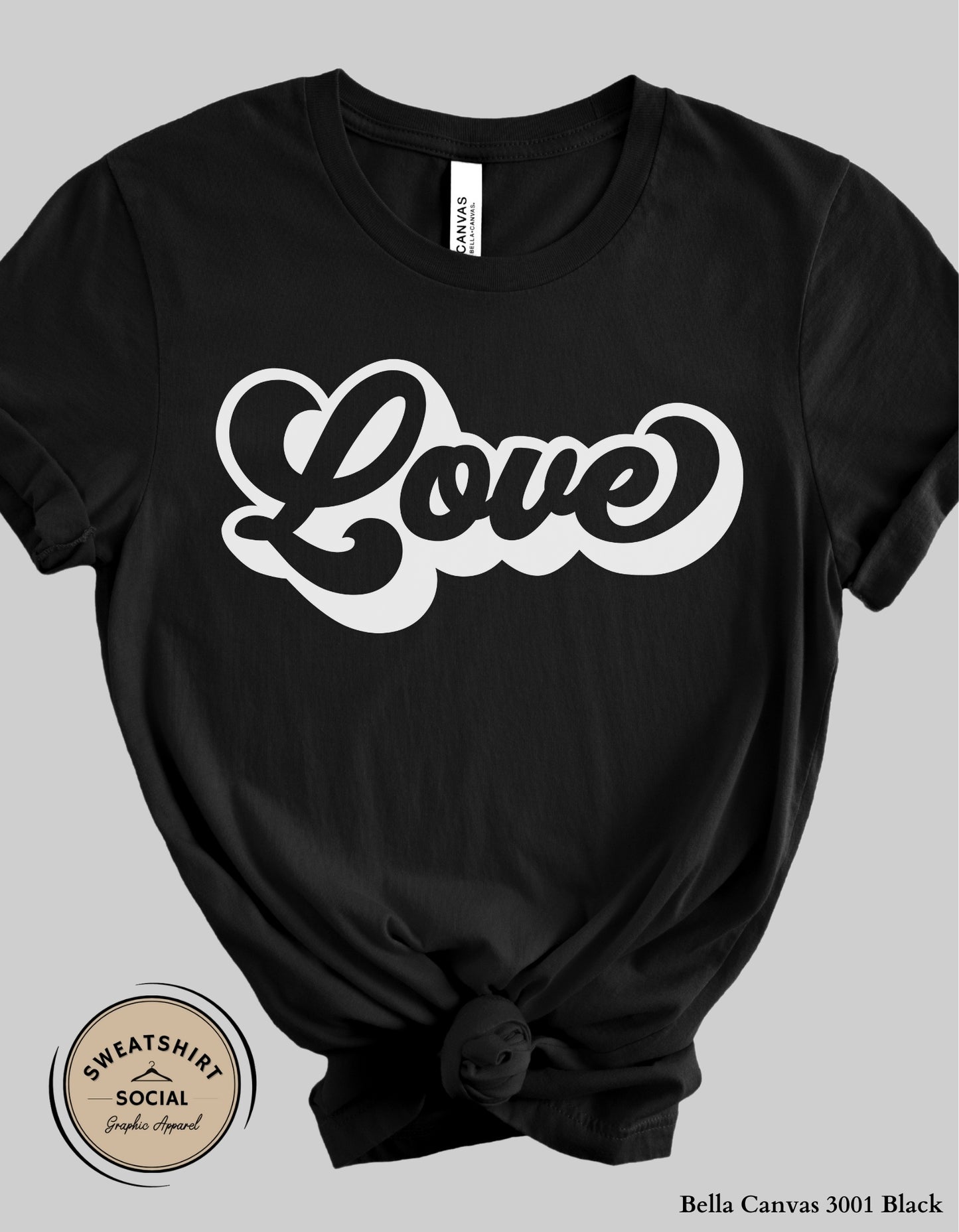 Love Script Valentine T-Shirt or Sweatshirt – White Ink Heart Design (Adult Sizes S–2XL)