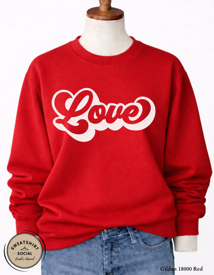 Love Script Valentine T-Shirt or Sweatshirt – White Ink Heart Design (Adult Sizes S–2XL)