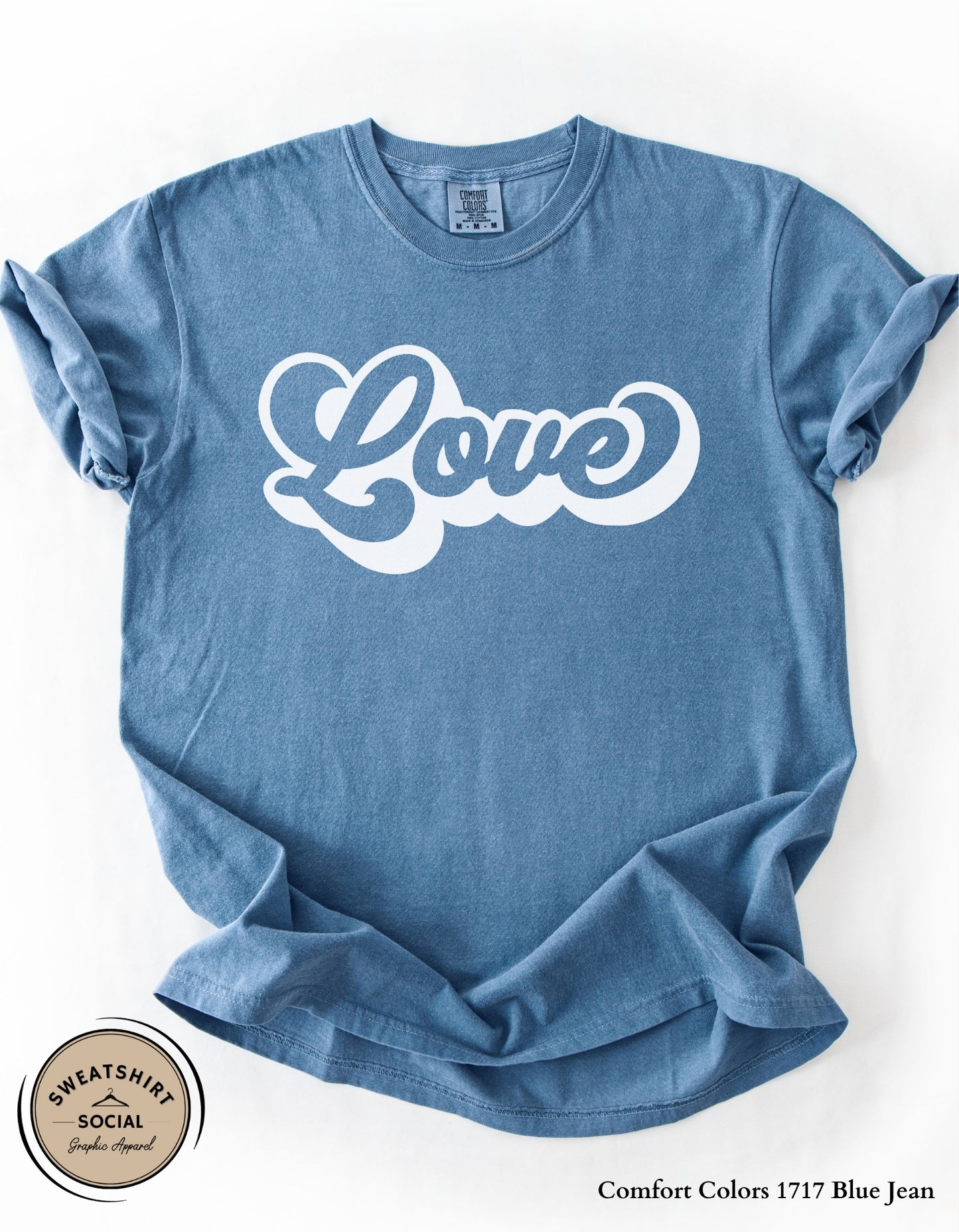 Love Script Valentine T-Shirt or Sweatshirt – White Ink Heart Design (Adult Sizes S–2XL)