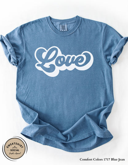 Love Script Valentine T-Shirt or Sweatshirt – White Ink Heart Design (Adult Sizes S–2XL)
