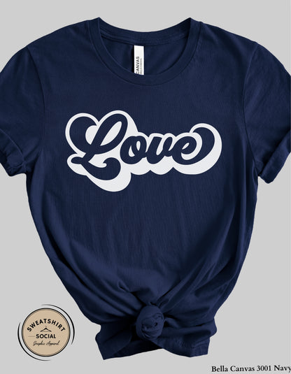 Love Script Valentine T-Shirt or Sweatshirt – White Ink Heart Design (Adult Sizes S–2XL)