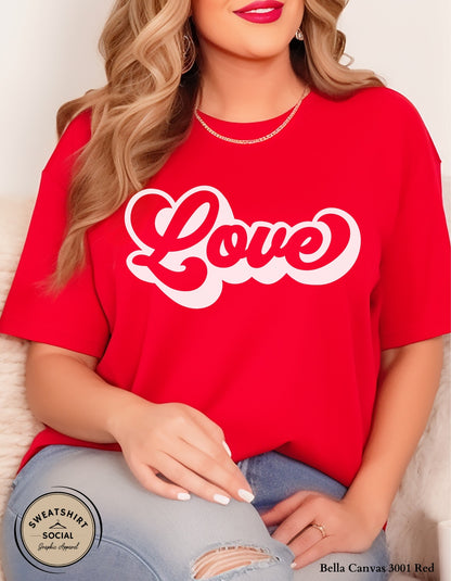 Love Script Valentine T-Shirt or Sweatshirt – White Ink Heart Design (Adult Sizes S–2XL)