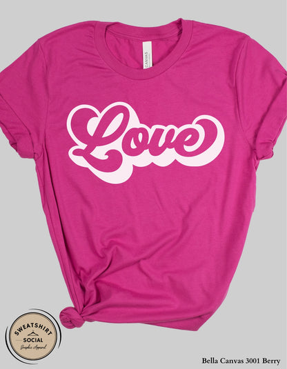 Love Script Valentine T-Shirt or Sweatshirt – White Ink Heart Design (Adult Sizes S–2XL)