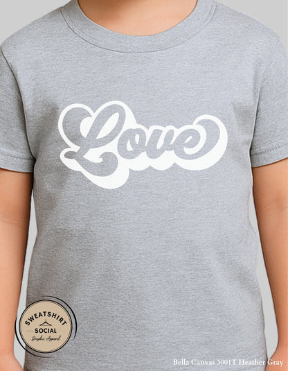 Love Valentine Shirt for Kids – White Script Heart Design (Infant–Youth Sizes)