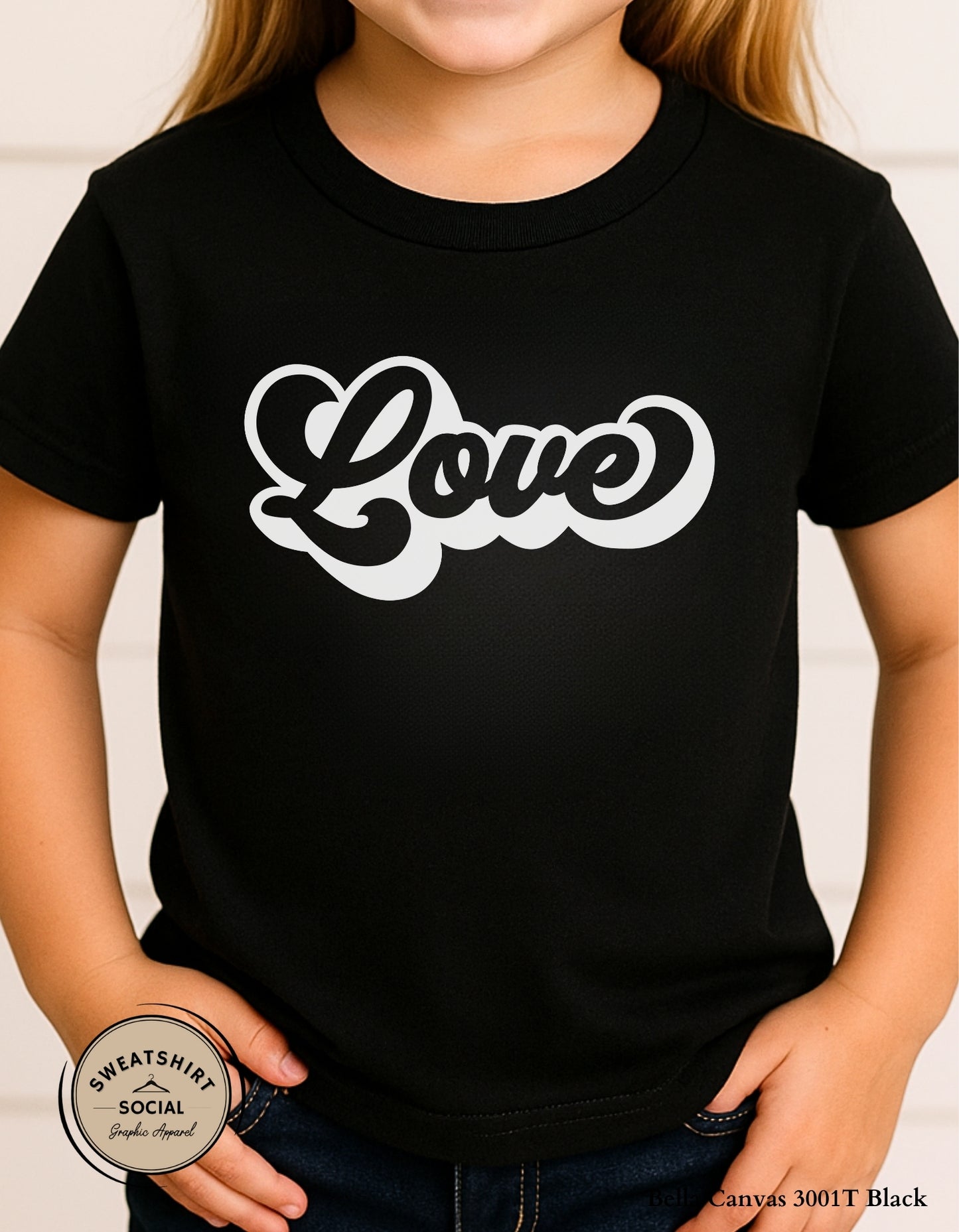 Love Valentine Shirt for Kids – White Script Heart Design (Infant–Youth Sizes)