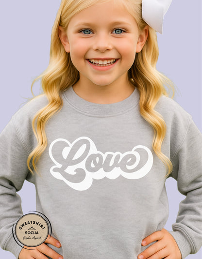 Love Valentine Shirt for Kids – White Script Heart Design (Infant–Youth Sizes)