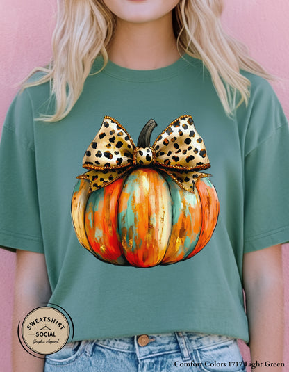 Leopard Bow Pumpkin Shirt – Bold & Glam Fall Thanksgiving Tee (Adult Sizes S–2XL)