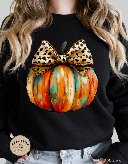 Leopard Bow Pumpkin Shirt – Bold & Glam Fall Thanksgiving Tee (Adult Sizes S–2XL)