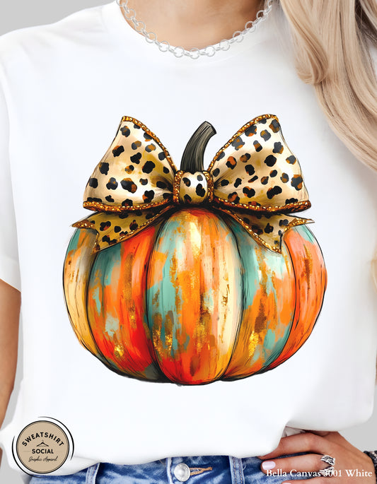 Leopard Bow Pumpkin Shirt – Bold & Glam Fall Thanksgiving Tee (Adult Sizes S–2XL)