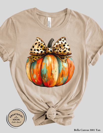 Leopard Bow Pumpkin Shirt – Bold & Glam Fall Thanksgiving Tee (Adult Sizes S–2XL)
