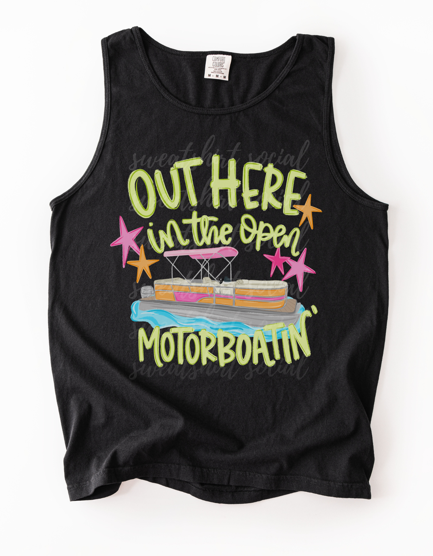 Out Here in the Open Motorboatin’ Graphic Tee – Funny Lake Shirt, Neon Pontoon Boat Summer Tee for Women (Adult Sizes S–2XL)