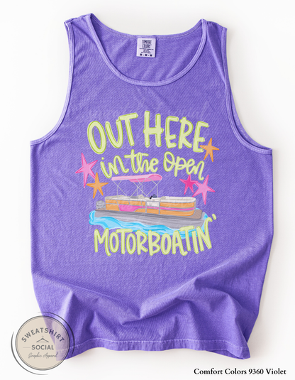 Out Here in the Open Motorboatin’ Graphic Tee – Funny Lake Shirt, Neon Pontoon Boat Summer Tee for Women (Adult Sizes S–2XL)