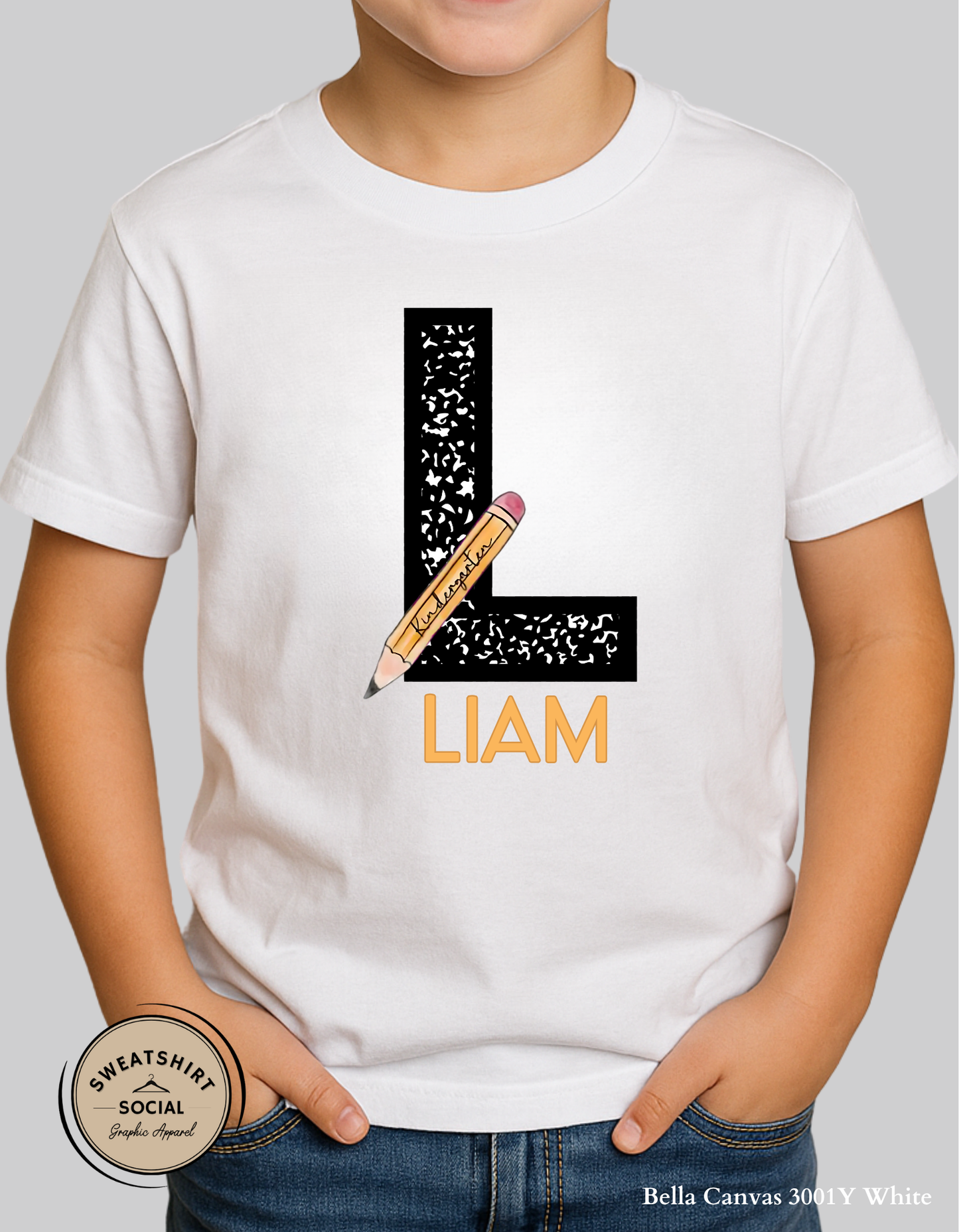 Custom Initial Pencil Kids Shirt – Personalized Back to School Name Tee with Grade, Color & Letter Options