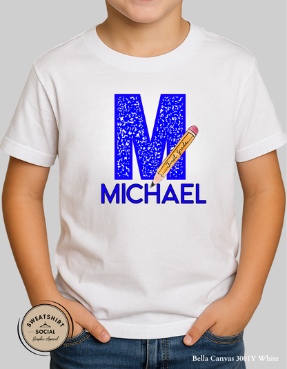 Custom Initial Pencil Kids Shirt – Personalized Back to School Name Tee with Grade, Color & Letter Options