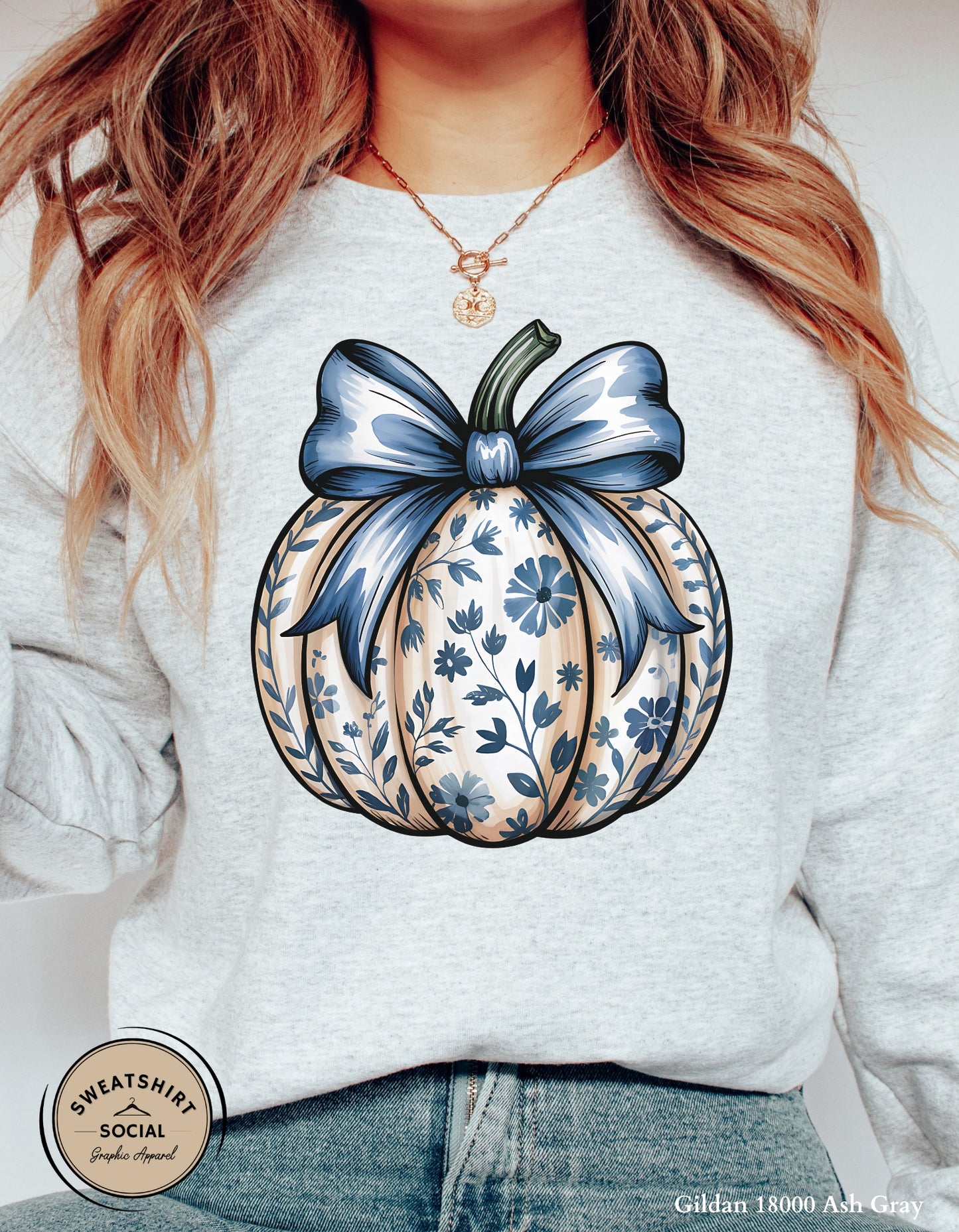 Blue Floral Pumpkin Shirt – Elegant Fall Thanksgiving Tee (Adult Sizes S–2XL)