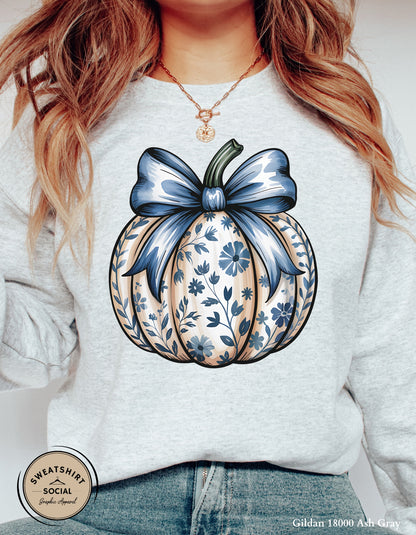 Blue Floral Pumpkin Shirt – Elegant Fall Thanksgiving Tee (Adult Sizes S–2XL)