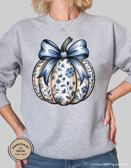 Blue Floral Pumpkin Shirt – Elegant Fall Thanksgiving Tee (Adult Sizes S–2XL)