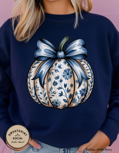 Blue Floral Pumpkin Shirt – Elegant Fall Thanksgiving Tee (Adult Sizes S–2XL)