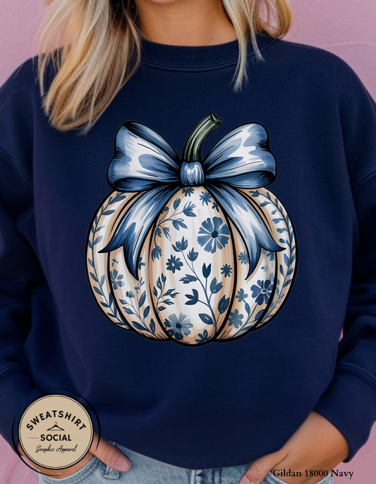 Blue Floral Pumpkin Shirt – Elegant Fall Thanksgiving Tee (Adult Sizes S–2XL)