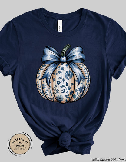 Blue Floral Pumpkin Shirt – Elegant Fall Thanksgiving Tee (Adult Sizes S–2XL)