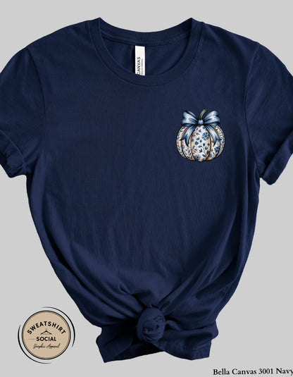 Blue Floral Pumpkin Shirt – Elegant Fall Thanksgiving Tee (Adult Sizes S–2XL)