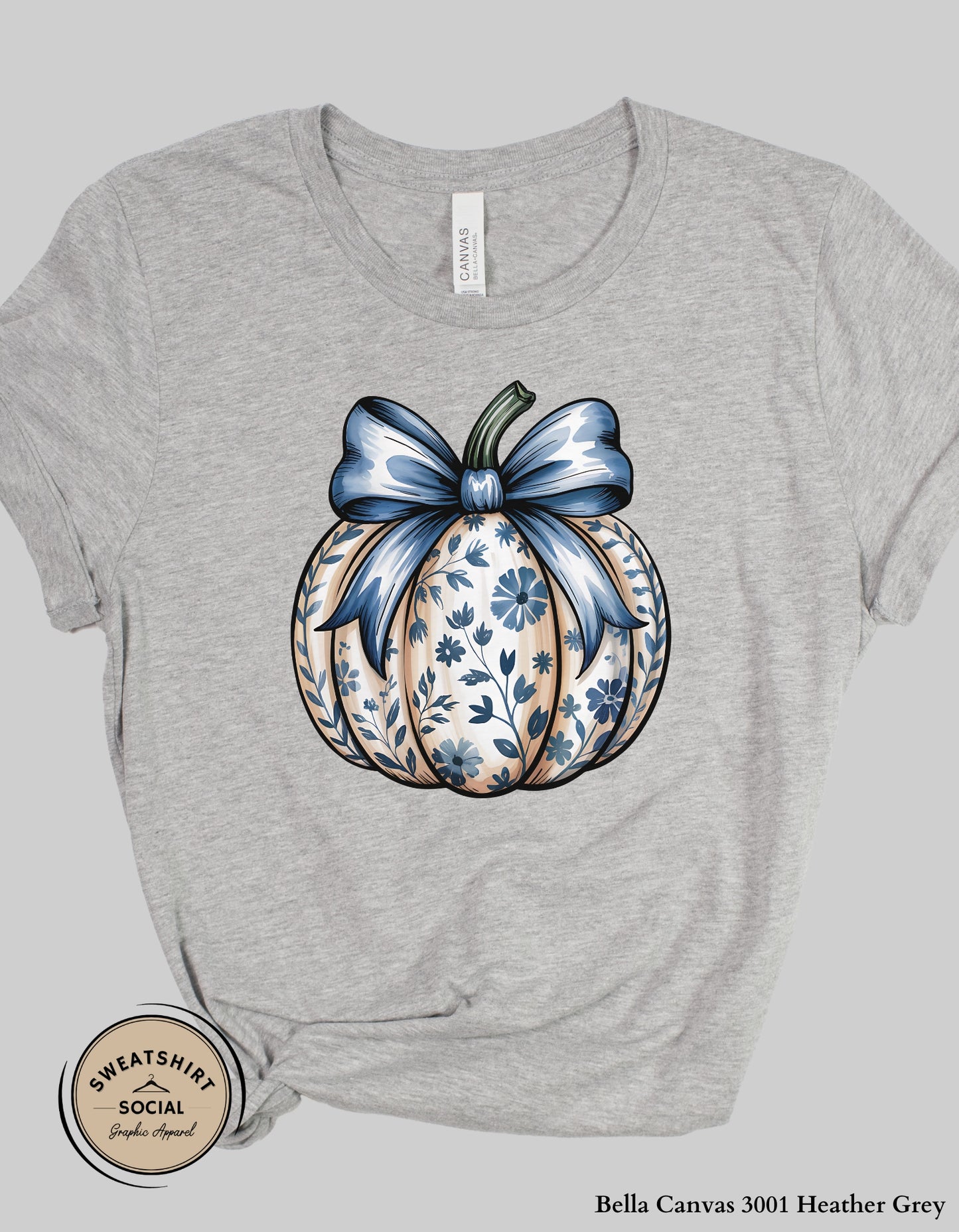 Blue Floral Pumpkin Shirt – Elegant Fall Thanksgiving Tee (Adult Sizes S–2XL)