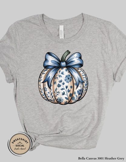 Blue Floral Pumpkin Shirt – Elegant Fall Thanksgiving Tee (Adult Sizes S–2XL)