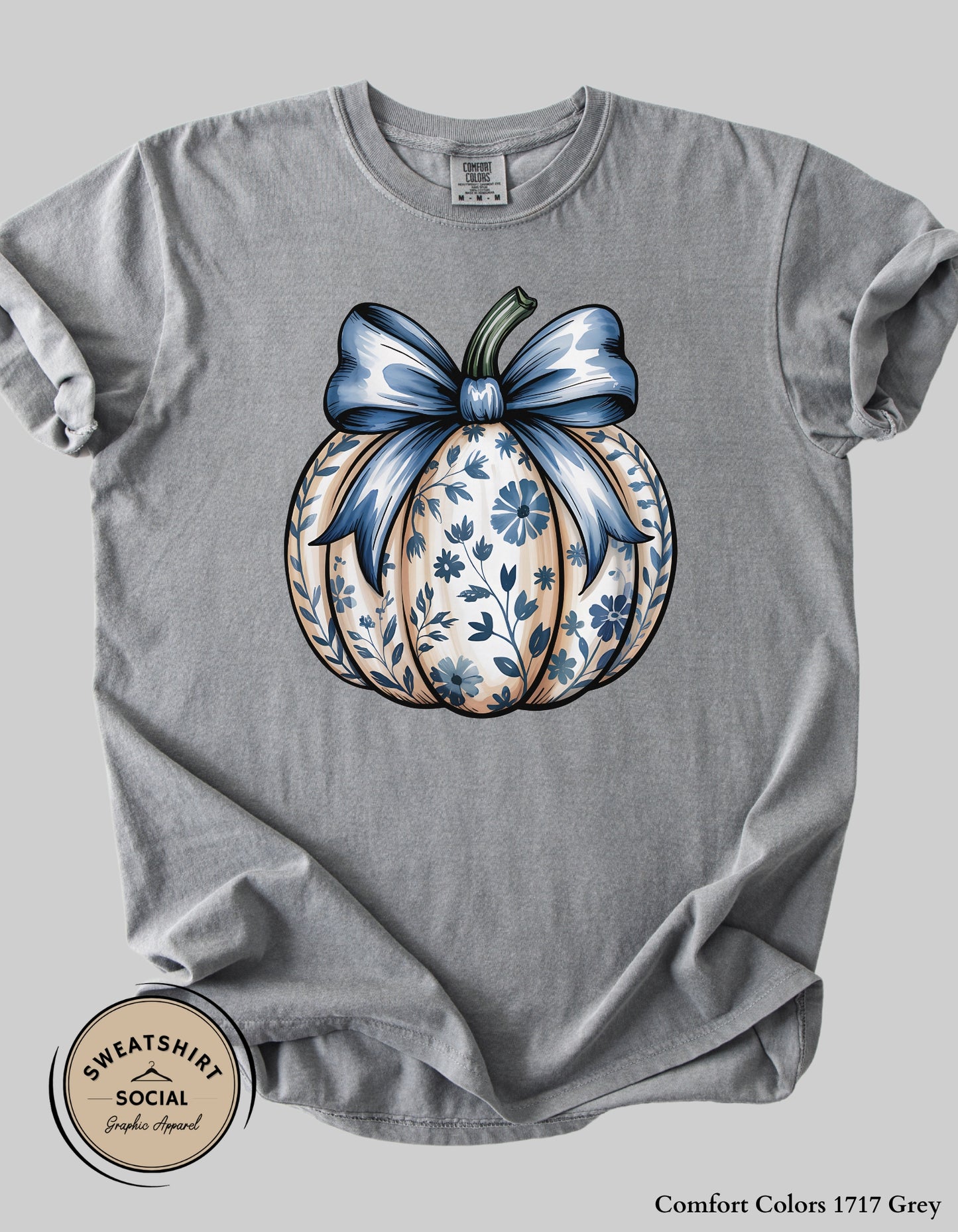 Blue Floral Pumpkin Shirt – Elegant Fall Thanksgiving Tee (Adult Sizes S–2XL)