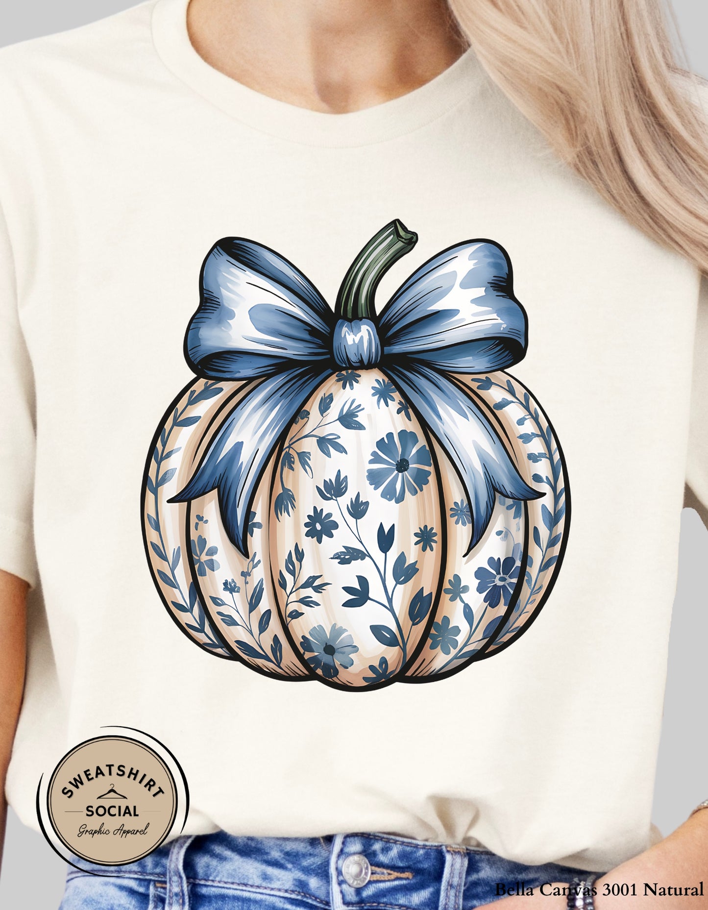 Blue Floral Pumpkin Shirt – Elegant Fall Thanksgiving Tee (Adult Sizes S–2XL)