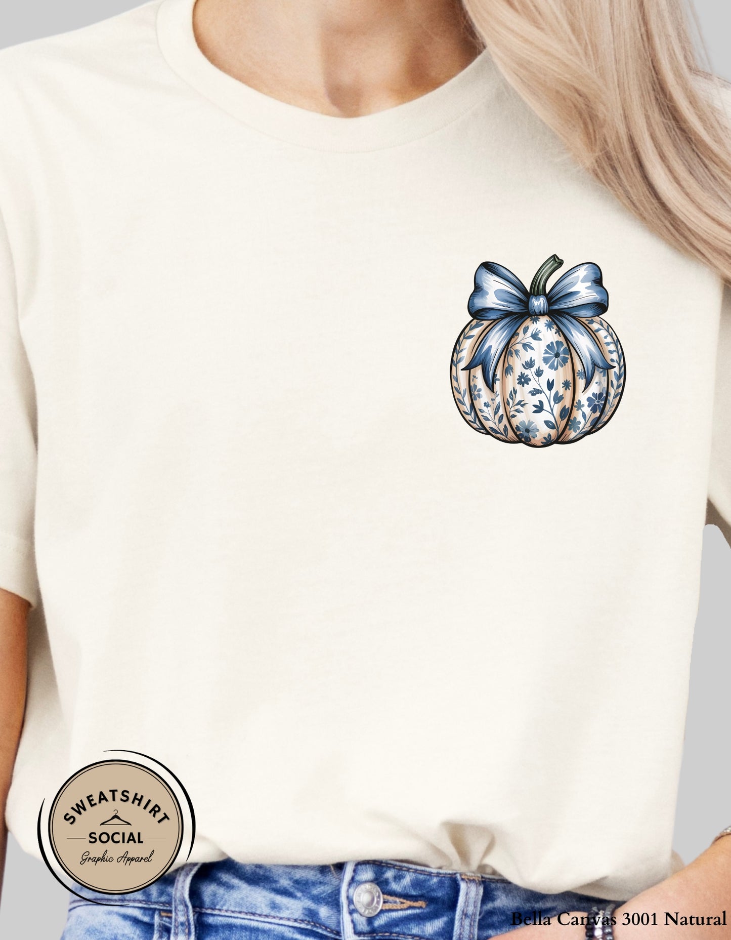 Blue Floral Pumpkin Shirt – Elegant Fall Thanksgiving Tee (Adult Sizes S–2XL)