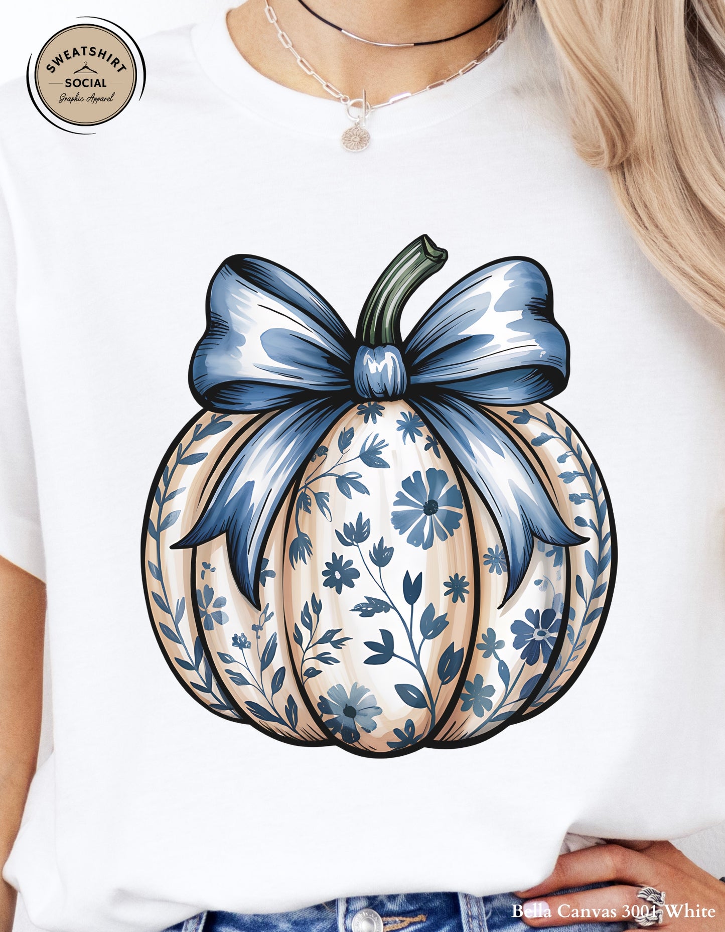 Blue Floral Pumpkin Shirt – Elegant Fall Thanksgiving Tee (Adult Sizes S–2XL)