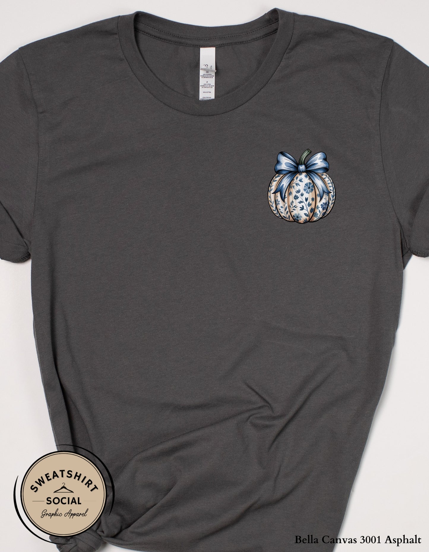 Blue Floral Pumpkin Shirt – Elegant Fall Thanksgiving Tee (Adult Sizes S–2XL)