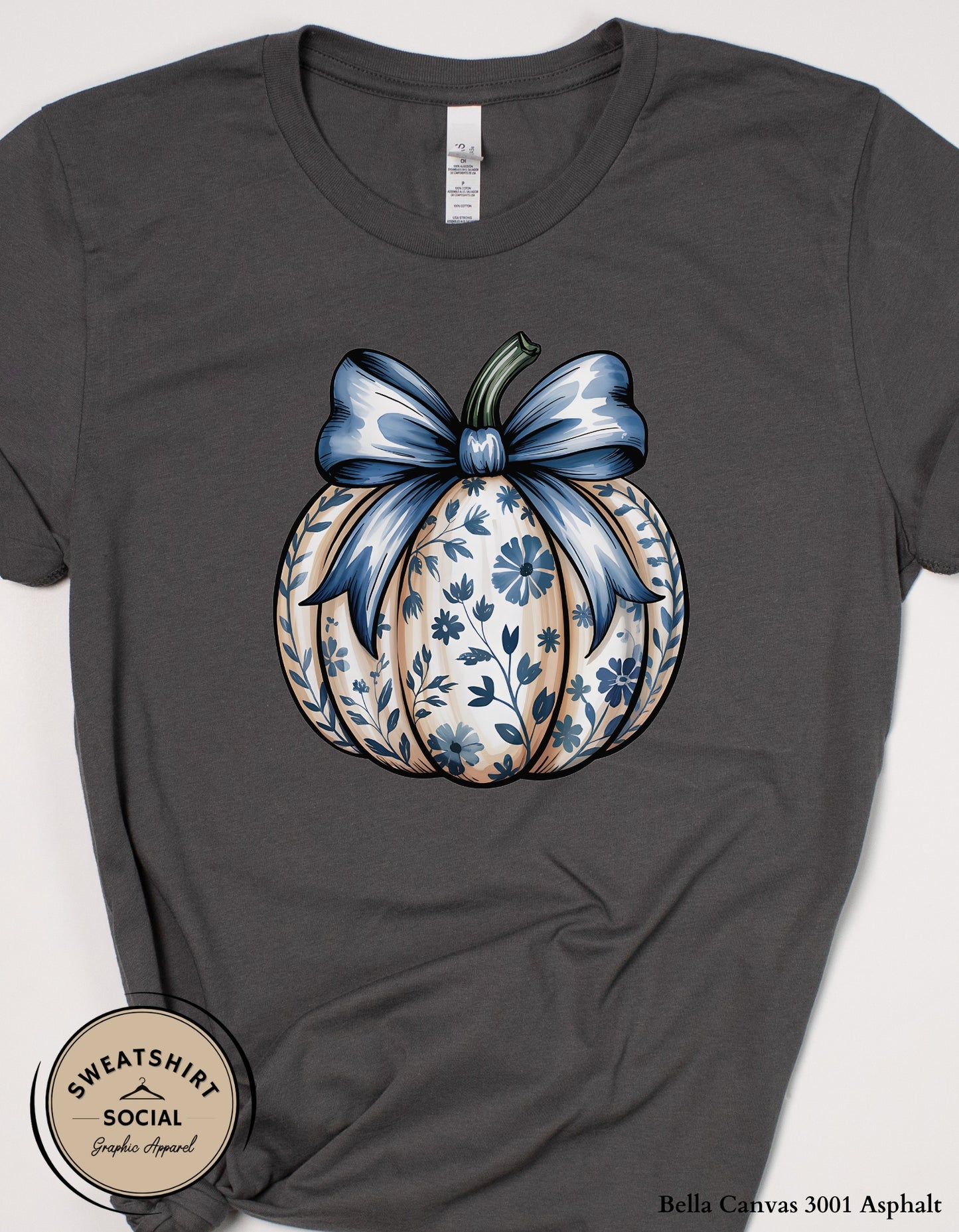 Blue Floral Pumpkin Shirt – Elegant Fall Thanksgiving Tee (Adult Sizes S–2XL)