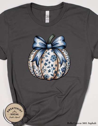 Blue Floral Pumpkin Shirt – Elegant Fall Thanksgiving Tee (Adult Sizes S–2XL)