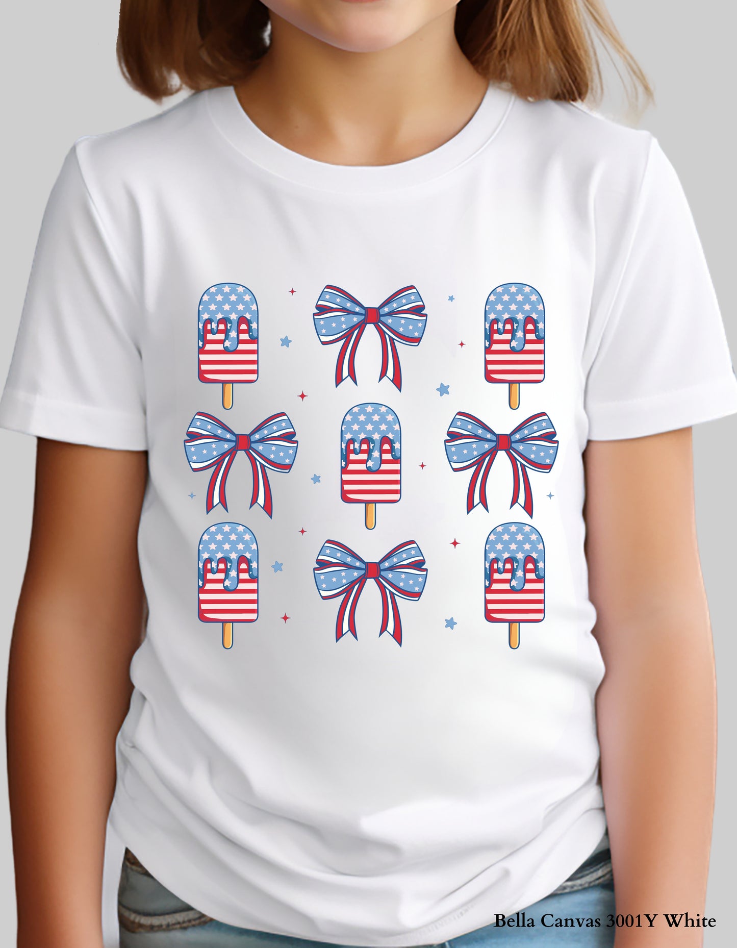 Popsicles & Bows Kids 4th of July T-Shirt – Patriotic Girls Tee (Red White & Blue Design)