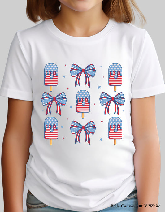 Popsicles & Bows Kids 4th of July T-Shirt – Patriotic Girls Tee (Red White & Blue Design)