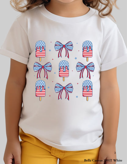 Popsicles & Bows Kids 4th of July T-Shirt – Patriotic Girls Tee (Red White & Blue Design)