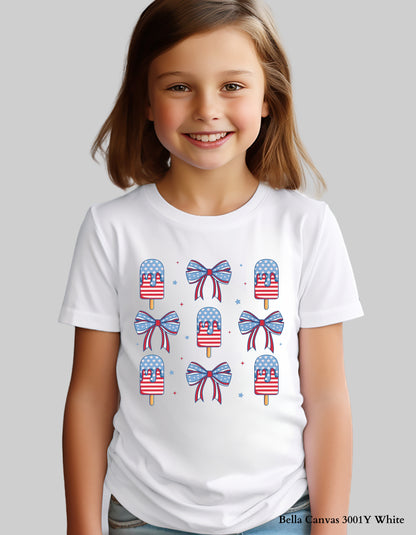 Popsicles & Bows Kids 4th of July T-Shirt – Patriotic Girls Tee (Red White & Blue Design)