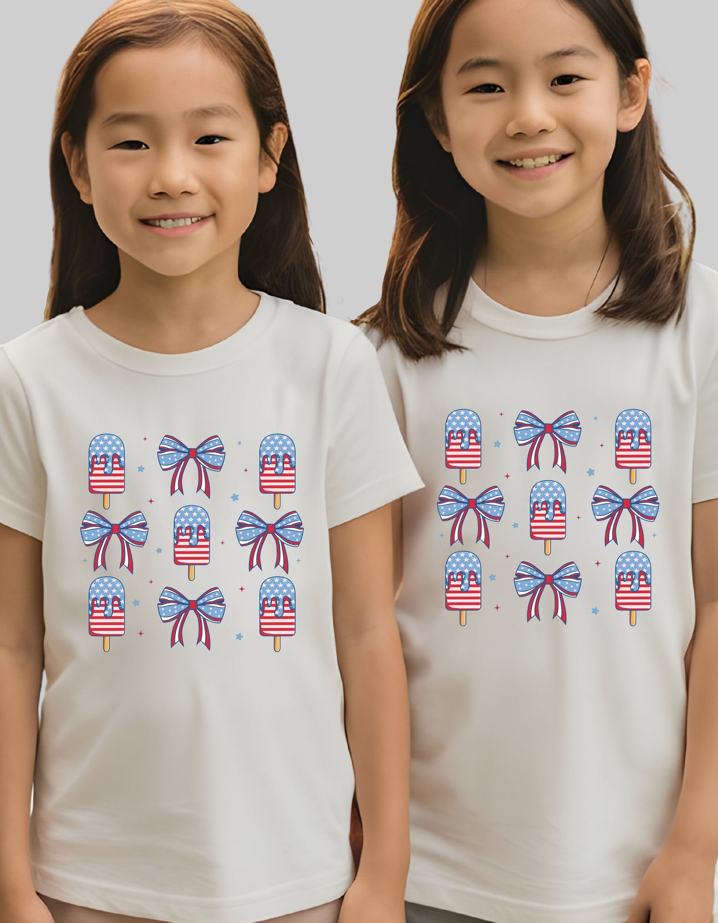 Popsicles & Bows Kids 4th of July T-Shirt – Patriotic Girls Tee (Red White & Blue Design)