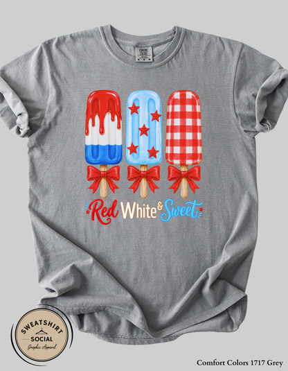 Red White & Sweet Patriotic Popsicle Graphic Tee – Cute Fourth of July Shirt, Americana Summer Tee for Women (Adult Sizes S–2XL)