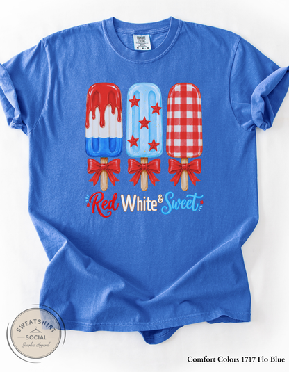 Red White & Sweet Patriotic Popsicle Graphic Tee – Cute Fourth of July Shirt, Americana Summer Tee for Women (Adult Sizes S–2XL)
