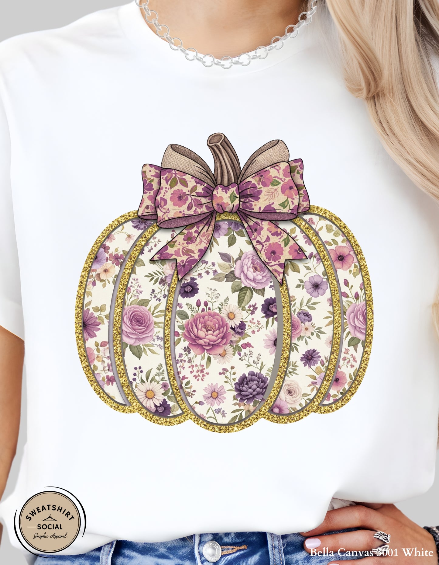 Purple Floral Pumpkin Shirt – Elegant Faux Glitter Bow Fall Tee (Adult Sizes S–2XL)